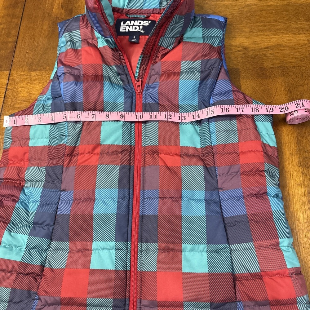Womens Lands End Size Small 6-8 Plaid Down Puffer Vest Red Blue - Picture 5 of 7